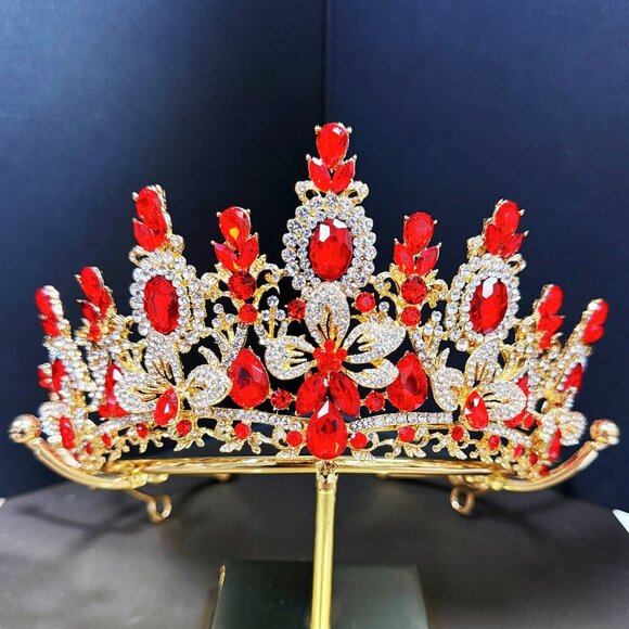 Princess Flower Crown, Floral Tiara, Birthday Party Crown, Red Crystal Tiara main image 7